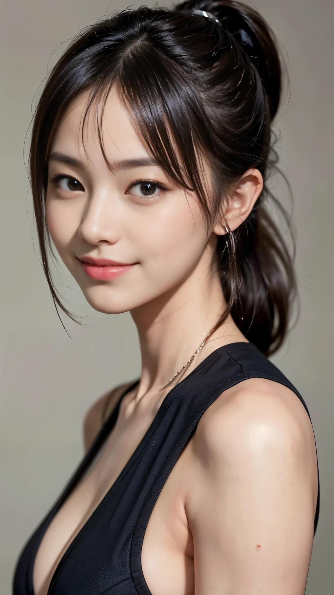 ((highest quality、Masterpiece、High resolution))、(((Zoom photo of upper body)))、One woman、A shy smile、、Large Breasts、Sportswear、Black Hair、Trimmed bangs、Ponytail Hair
