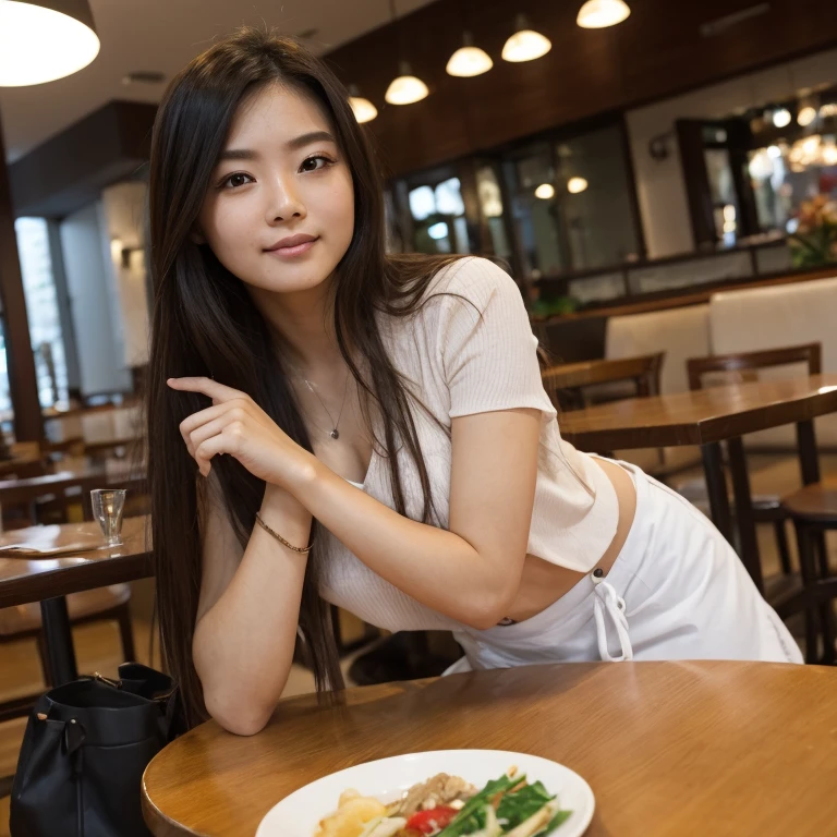 This is a single photo，27-year-old Taiwanese long-haired beauty dines at the restaurant table，Wearing sexy casual clothes。