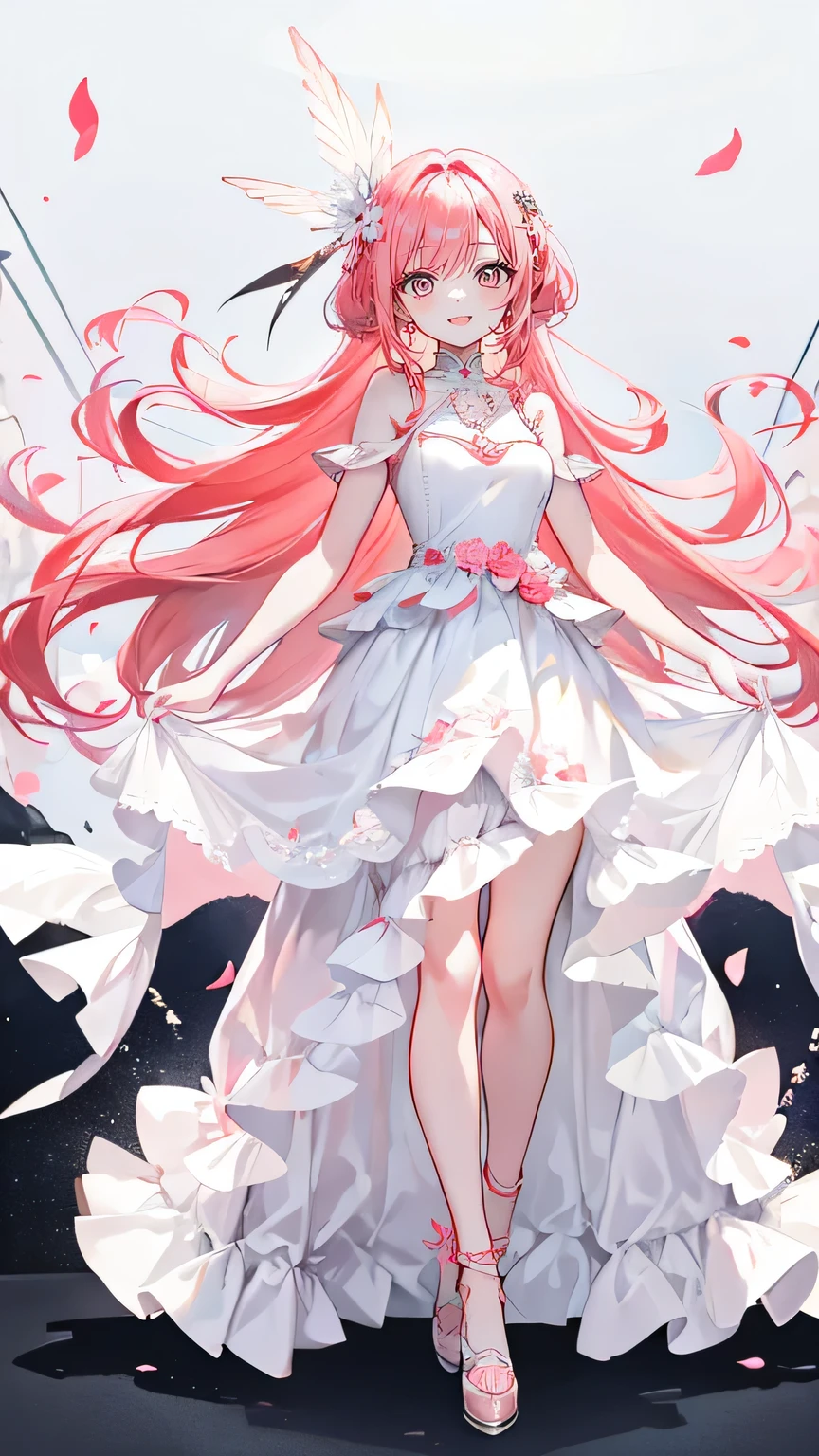 Coral pink hair，Long hair，hair over one eye，Gray eyes，feather hair ornament，cute，Girl，Laughing expression，，Happy and happy expression，Evening dress white dress，Standing on the ground，whole body，Don't show your arms，Background is a crowded 