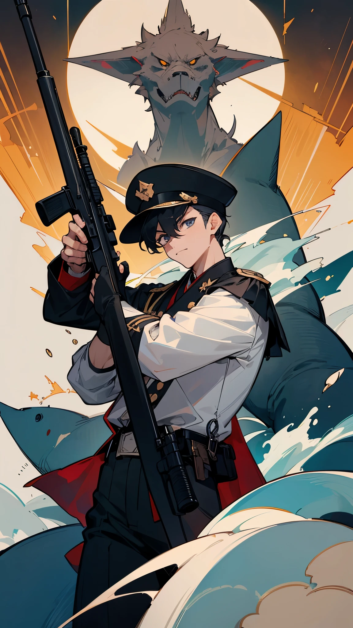 Create a higher moon ; comme un commandant de guerre ; chapeau de commandant ; homme ; habit long ; manteau long ; noir ; pistolet ; getting ready to shoot ; long gun ; cheveux courts ; kny art style ; homme requin ; gun man ; gold proportions ; five fingers at each hands ; wolf spirit ; man ; militaire ; grand ; japaness art style ; kny ; requin homme ; background toit d'un immeuble ; homme ready to shoot ; good quality ; good eyes ; ready to shoot ; homme requin gun ; style ; detailed
