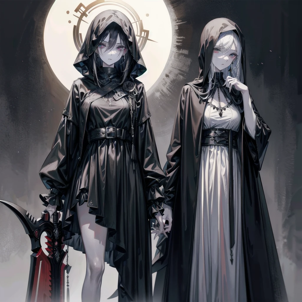 grim reaper, black scythe, absurdres, RAW photo, extremely delicate and beautiful, masterpiece, Best Quality, ultra high resolution, 32k, hyperrealistic, ultra-detailed, detailed description, pale skin, 20 years old, tearful mole, earring, short medium hair, wavy hair, whole body shot,