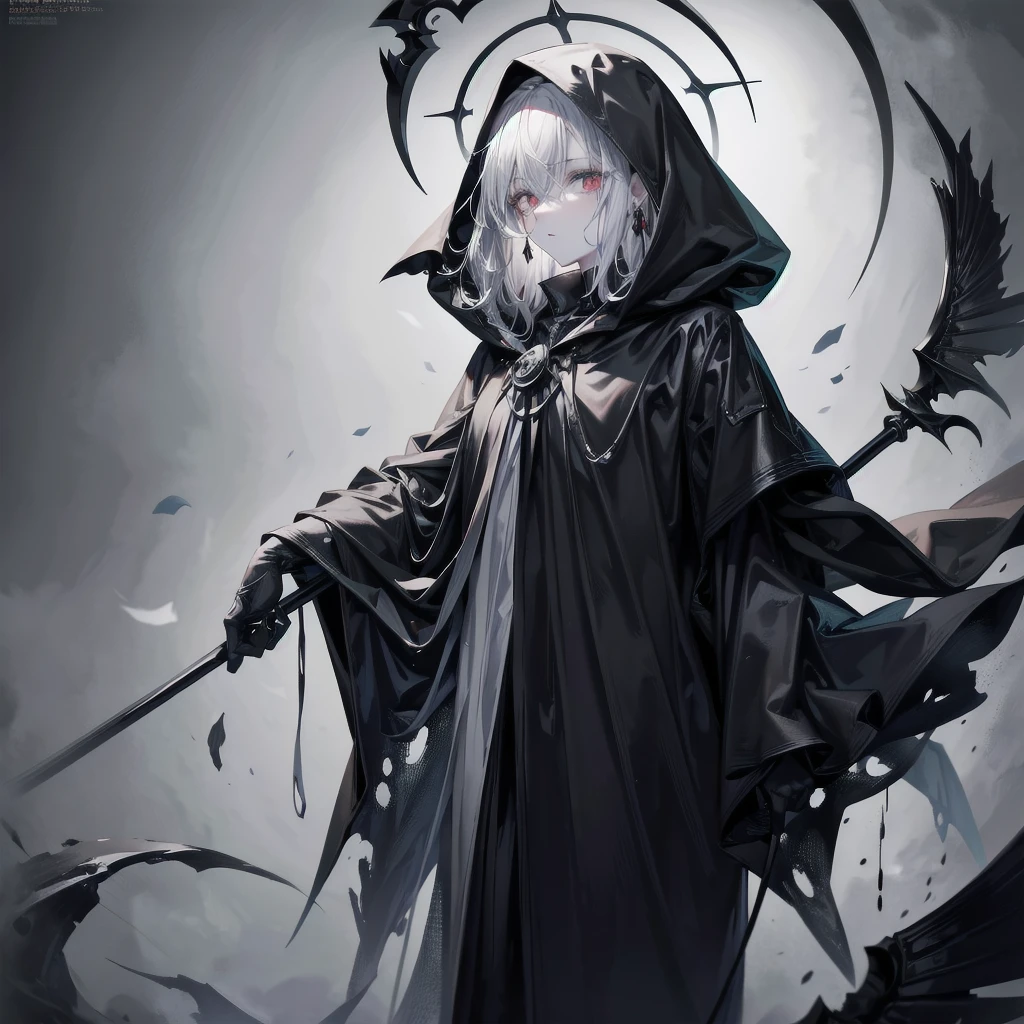grim reaper, black scythe, absurdres, RAW photo, extremely delicate and beautiful, masterpiece, Best Quality, ultra high resolution, 32k, hyperrealistic, ultra-detailed, detailed description, pale skin, 20 years old, tearful mole, earring, short medium hair, wavy hair, whole body shot,