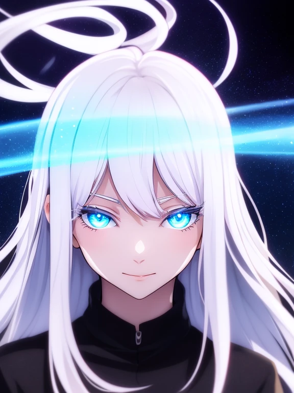woman, 18-year-old, white here, Long Hair, White eyebrows, White eyelashes, White eyelasheses, Fine grain, Glowing Eyes, Bright Blue Eyes, Galaxy Eyes, Wearing a black shirt, Look forward, Front pose, high quality, 4K resolution