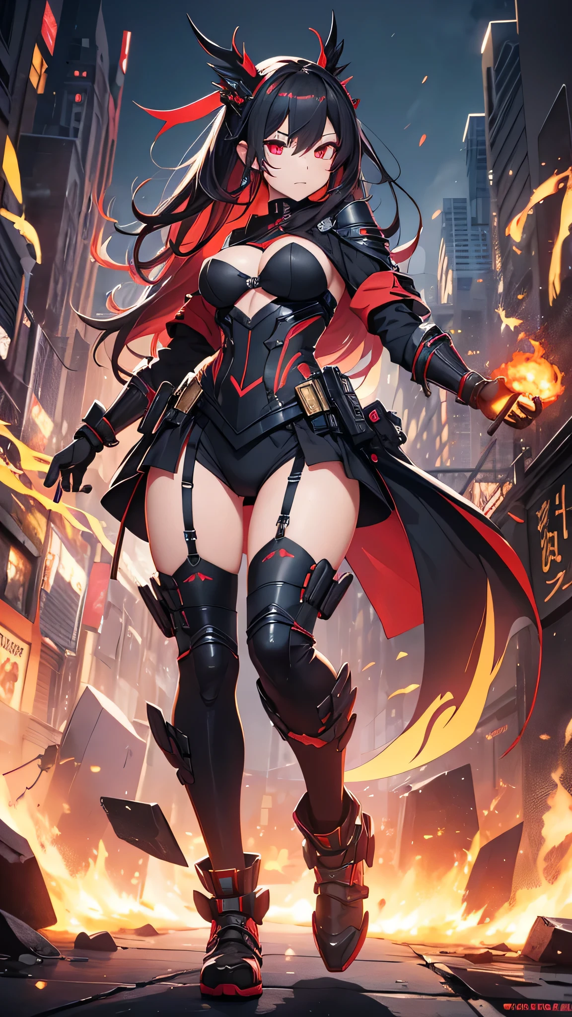 最high quality、Best image quality、masterpiece、girl((Age 25、 By becoming、Best Bust、Medium Bust,Wide open breast tea、Red glowing eyes,Black hear、Red Mesh、Disheveled Hair、Lointail、thin,The highest valley、Open chest、Luminous Wristbands、hair ornaments、Show the whole body,Black Ninja suite、revolver、scar、Full body scar、Fighting Pose)),high quality、Beautiful art、background((night,ninja word))、Flight、Flying debris、Written boundary depth、movie、Visual Arts、Perfect art、8K,Genuine,