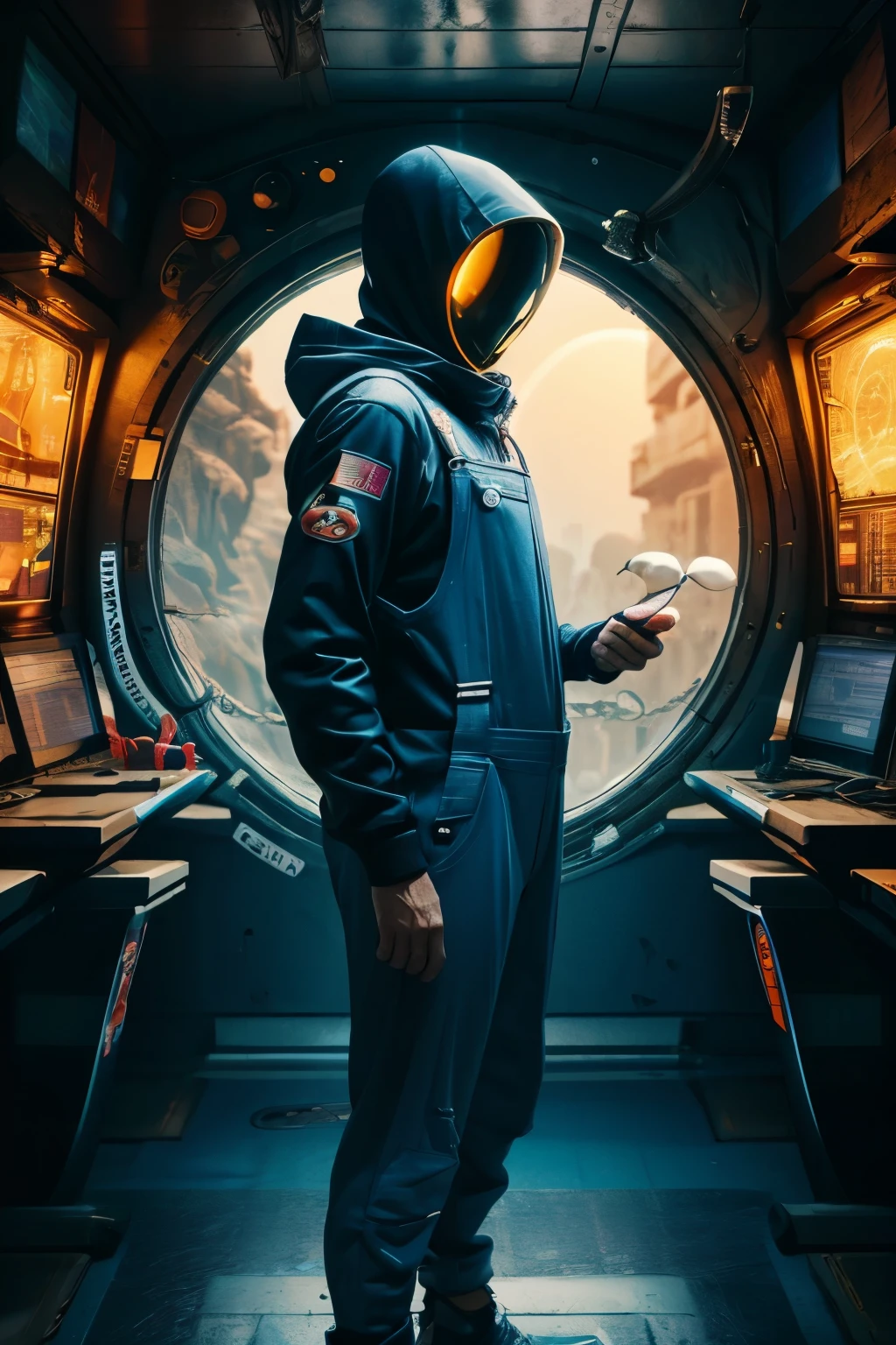 1_A man with glasses ((sports _ overalls)) , leotards, pajamas, space suit. Mandatory sporty style, three stripes on the sides, on the chest the emblem of the sports space team. Space, astronaut, sport, tester.
   2_He wears an intricate hood stylized with octopus tentacles, (octopus in a spacesuit), wearing a futuristic space outfit, Venus squid astronaut, Cyborg octopus, Sci-fi costume, Biopunk costume, ((Futuristic sports tech clothes, Future jacket)), Wearing space overalls for sports, active work, competitions, olympic champion, intellectual, Futuristic biopunk wardrobe, Sci-fi suit, Clothes from the future, Technical suit, Octopus Super Nova.
3_High image quality, 4K | Ultra HD | Full HD, cinematic rendering, 3D visualization - a masterpiece, TOP computer graphics ART. High texture detail, fabric, material, nylon, nanofiber, thermal suit, texture, high quality, (shades of gray, with blue, white, inserts). Film grain, dust, and particles in the air.
4_ Background environment; spaceship cabin, sports equipment, cyberpunk, male style. Studio light, lateral, contrast cold shadows, and warm golden light. Behind the character is a large porthole with a view of infinite space, distant galaxies, the brilliance of stars, a hot star - a flaming ball, alien worlds, and extraterrestrial civilization.