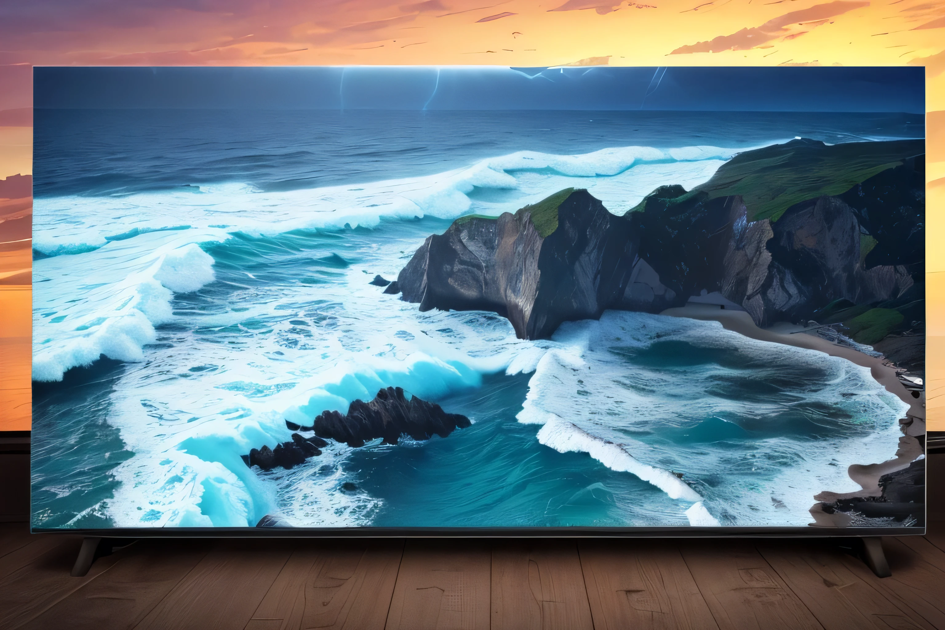 (highest quality,4K,8k,High resolution,masterpiece:1.2),Super detailed,(Realistic,photoRealistic,photo-Realistic:1.37),Dark blue background, Stormy Coast, Continuing sandy beach, Red Sky, Many flashes of lightning, Product Showcase, Vibrant colors, Dramatic lighting