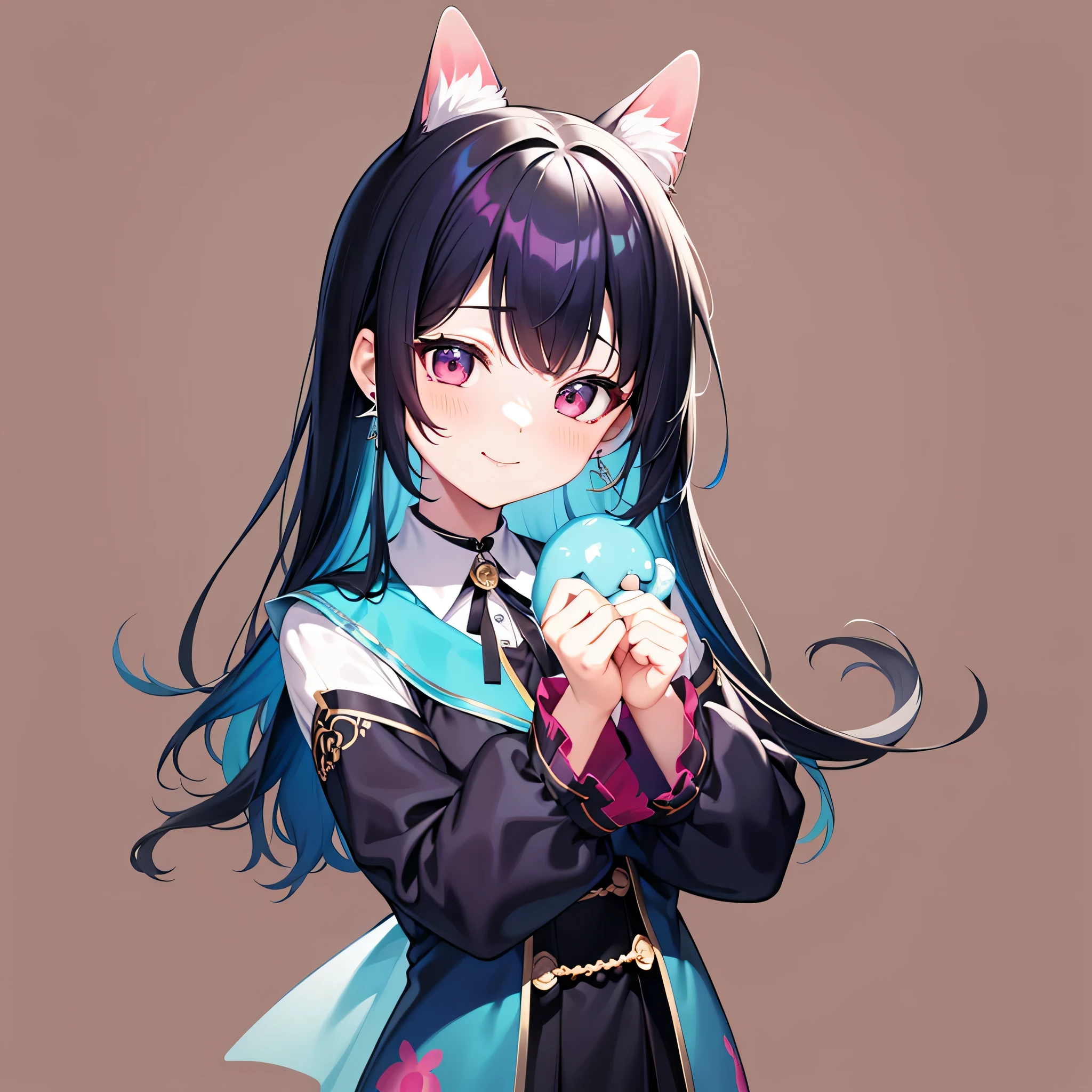 超A high resolution, nffsw, Best aesthetic, Best Quality, masutepiece, Flat Avatar, Perfect litthing、(colourfull、vivd colour: 1.4)、a Dog、Dancing Poses, Has iridescent hair,　is shy, A smile, hair adornments, Chibi, simple background, earrings, jewely, side locks, large oval eyes,Flat Avatar,  simple background, A dark-haired,