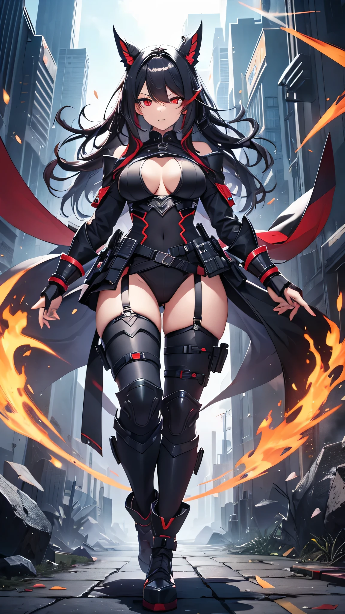 最high quality、Best image quality、masterpiece、girl((5、 By becoming、Best Bust、Medium Bust,Wide open breasRed glowing eyes,Black hear、Red Mesh、Disheveled Hair、Lointail、thin,The highest valley、Open chest、Luminous Wristbands、hair ornaments、Show the whole body,Black Ninja suite、revolver、scar、Full body scar、Fighting Pose)),high quality、Beautiful art、background((night,ninja word))、Flight、Flying debris、Written boundary depth、movie、Visual Arts、Perfect art、8K,Genuine,