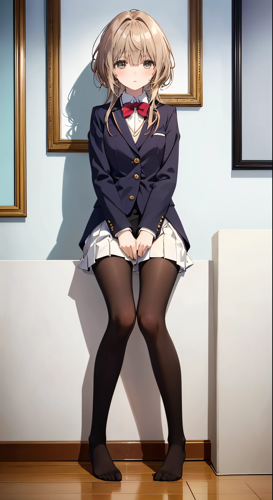 Top quality, masterpiece, High resolution, (Head to toe full body), front, frontやや下からの構図, Symmetric, Tall 18 year old girl, alone, (Head to toe), (Small breasts), Unkempt brown hair, bangs, (black tights), (Black Pantyhose), (Sit with your legs apart), (Crouching pose), (A composition showing white panties), (her legs spread、White panties are visible.), (Sit on the floor with your legs spread), (M-shaped feet), Thin legs, A very beautiful and tall 18 year old girl, (No shoes), blush, Shy big eyes, looking at the camera, Blazer uniform, Checkered pleated skirt