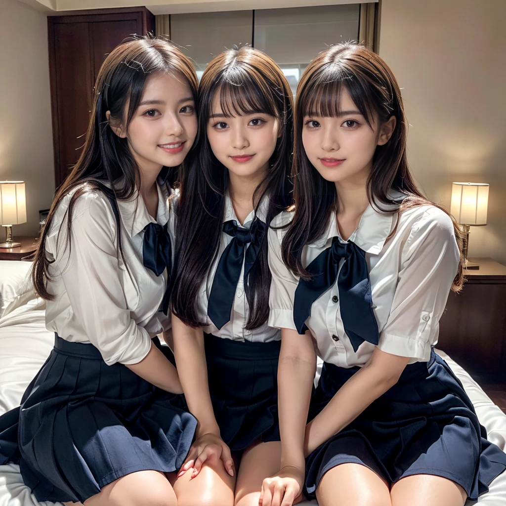 ((Four schoolgirls sitting on bed,Sit across from me,Look at me affectionately fascinated、Enraptured look,Trance,Everyone sees the camera perfectly,1 beautiful girl who is half Spanish,a blond,Brown hair,A dark-haired,photoRealstic,Luxury hotel bed taken from the lap,Same uniform,japanese,4 schoolgirls,Play with each other,Touching each other's bodies,Touching the body of the girl next door,4 Close contact,Very hilarious pose)),(Navy blue skirt in a sailor suit、Red ribbon and white shirt,Same ,large full breasts,Beautiful makeup,glitter makeup,Cutest 18 years old)),((Realistic lighting,during daytime,The background is a luxury hotel room,A detailed face,perfect teeth,White teeth,finerly detailed face,Beautiful face,an ecstatic look on one's face,Perfect fingers,Accurate 5 fingers,high-definition RAW color photography, professional photograpy, extremely delicate and beautiful, Extremely detailed,finely detail, Huge file size,Top image quality,8K))
