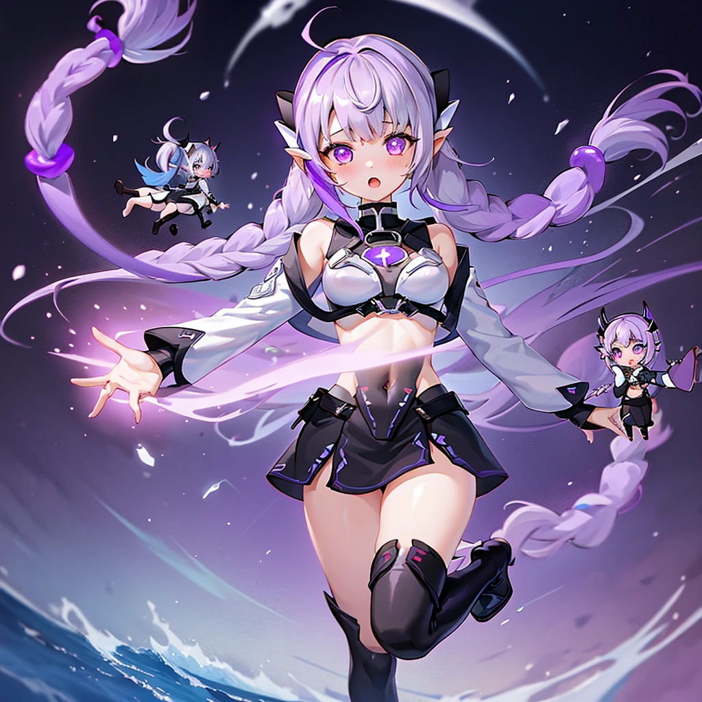 masterpiece, best quality, yinji,(2girls,multiple girls, :1.2),chibi,purple eyes, braid, twin braids, open mouth, ahoge, purple hair, long hair, simple background, boots, bangs, black footwear, dress, full body, horns, looking at viewer, long sleeves, black dress, floating, twintails, falling