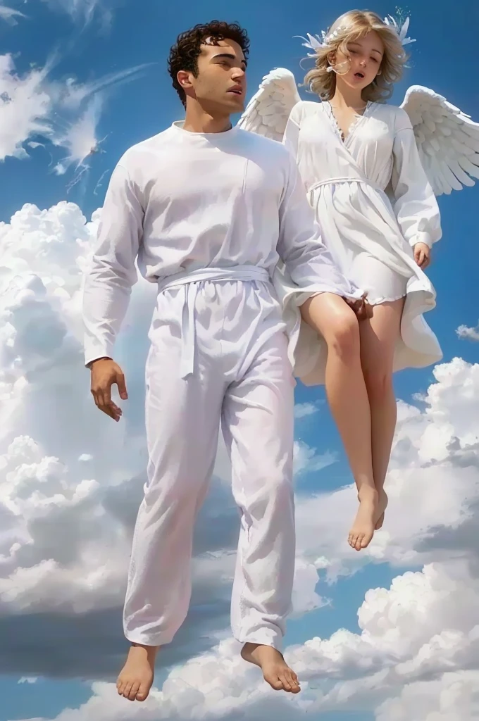 Arafed man and woman in white clothes flying through the air, Biblically Accurate Angels, wear white clothes, Flying Angels, an angel, protecting the human being, Angelic and anxious, wear an angel, wear white pajamas, heavensly rapture, angels in white gauze dresses, angels in the sky, angelic purity, heavens, Biblical Exact Angel, 2 angels