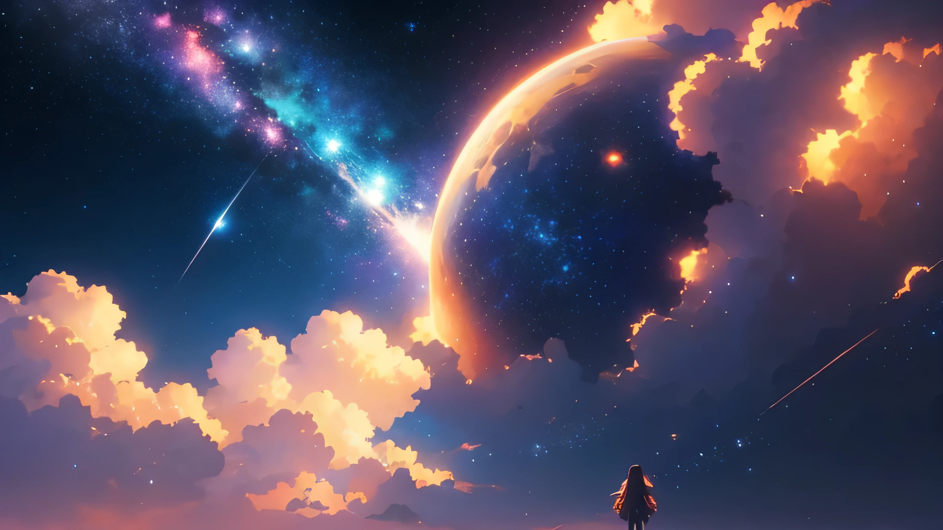 Anime wallpaper with sky and stars, Space Sky. by makoto shinkai, Anime Art Wallpapers 8K, Anime Sky, Awesome Wallpapers,  Makoto Shinkai Cyril Rolando, Anime Background Art, Highly detailed sky and galaxy stars