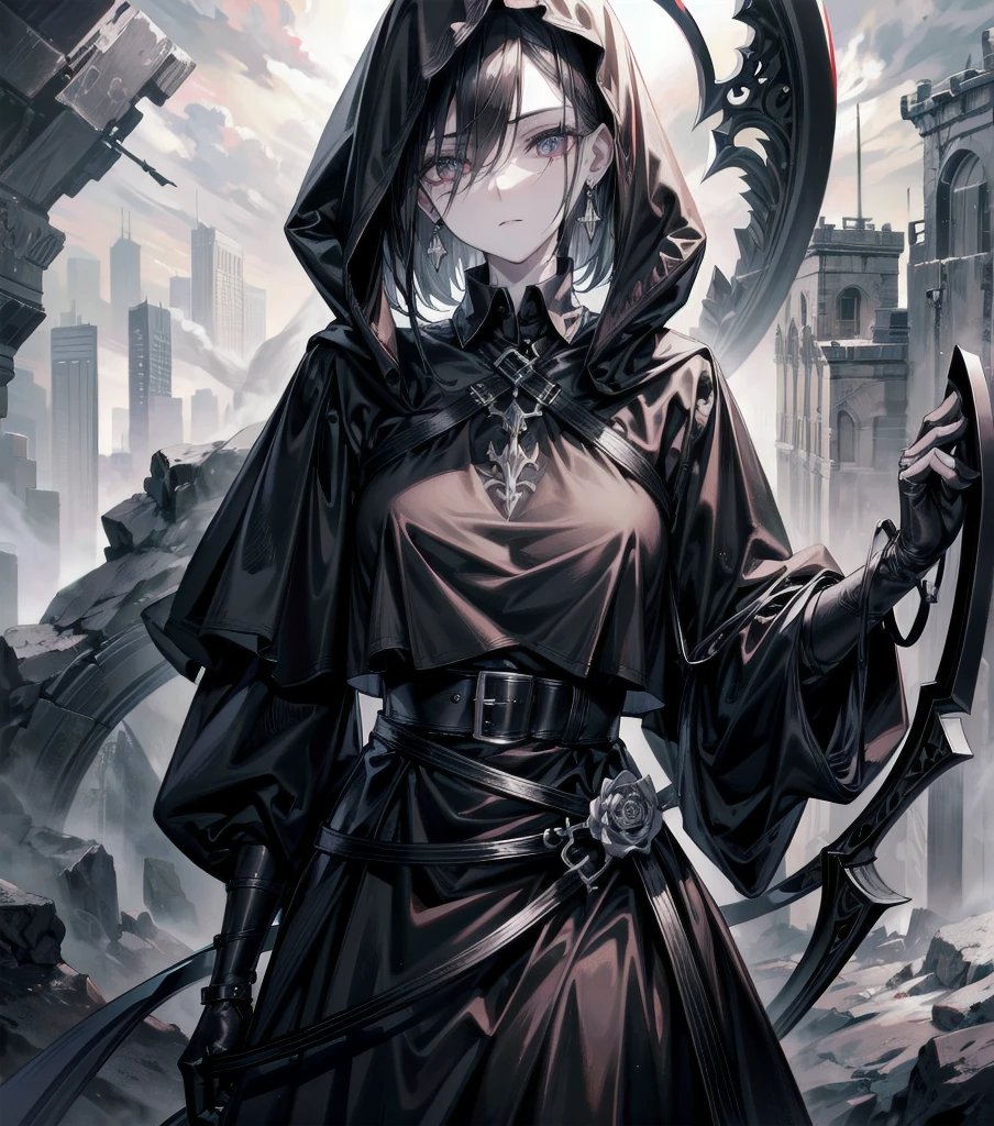 (ruined city), grim reaper, black scythe, robe, absurdres, RAW photo, extremely delicate and beautiful, masterpiece, Best Quality, ultra high resolution, 32k, hyperrealistic, ultra-detailed, detailed description, pale skin, 20 years old, tearful mole, earring, short medium hair, wavy hair, whole body shot,