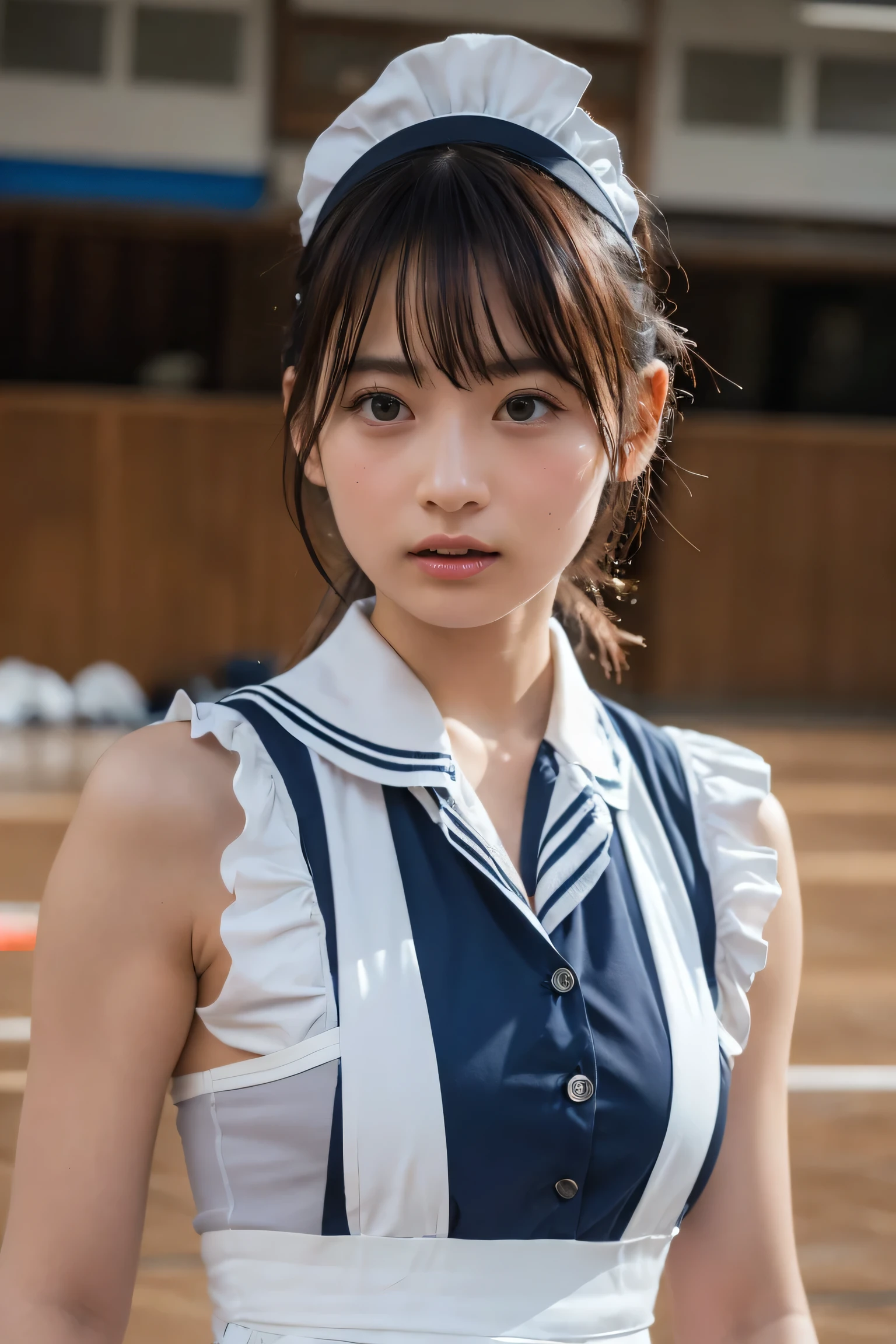 (8k, RAW Photos,highest quality, High resolution:1.1), (Ultra-realistic:1.4),(Realistic, Realistic:1.3),The Beauty of Japan、Rhythmic gymnastics club、Rhythmic Gymnastics Uniform、((Upper Body:1.3)),Maid Cafe、((Maid:1.3))