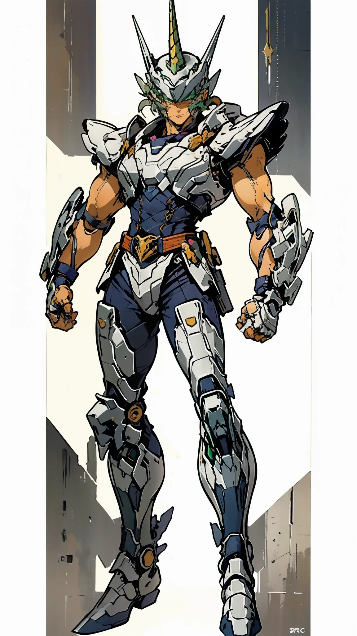 A man wearing a full-face helmet, a fantasy-style biotech armored combat suit, green eyes, (a composite layered chest armor), fully enclosed shoulder guards, matching arm and leg guards, the belt is adorned with Horseshoe-shaped marker, (the color scheme is primarily white with green accents), the design balances heavy with agility, a high-tech bio-mecha armor, (Armor Concept Inspired by Unicorn, stand on the top of a skyscraper in a futuristic sci-fi city), this character embodies a finely crafted fantasy-surreal style armored hero in anime style, exquisite and mature manga art style, (battle damage, element, plasma, energy, the armor glows), ((male:1.5)), metallic, real texture material, dramatic, high definition, best quality, highres, ultra-detailed, ultra-fine painting, extremely delicate, professional, perfect body proportions, golden ratio, anatomically correct, symmetrical face, extremely detailed eyes and face, high quality eyes, creativity, RAW photo, UHD, 32k, Natural light, cinematic lighting, masterpiece-anatomy-perfect, masterpiece:1.5