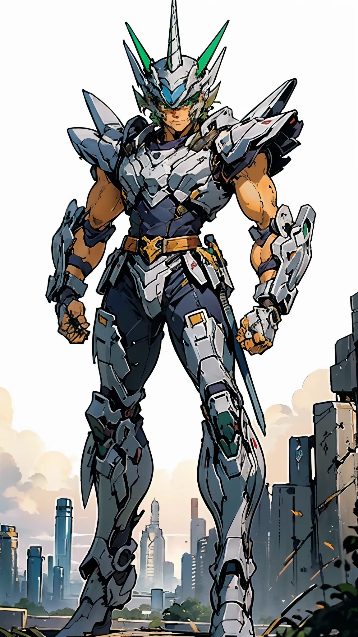 A man wearing a full-face helmet, a fantasy-style biotech armored combat suit, green eyes, (a composite layered chest armor), fully enclosed shoulder guards, matching arm and leg guards, the belt is adorned with Horseshoe-shaped marker, (the color scheme is primarily white with green accents), the design balances heavy with agility, a high-tech bio-mecha armor, (Armor Concept Inspired by Unicorn, stand on the top of a skyscraper in a futuristic sci-fi city), this character embodies a finely crafted fantasy-surreal style armored hero in anime style, exquisite and mature manga art style, (battle damage, element, plasma, energy, the armor glows), ((male:1.5)), metallic, real texture material, dramatic, high definition, best quality, highres, ultra-detailed, ultra-fine painting, extremely delicate, professional, perfect body proportions, golden ratio, anatomically correct, symmetrical face, extremely detailed eyes and face, high quality eyes, creativity, RAW photo, UHD, 32k, Natural light, cinematic lighting, masterpiece-anatomy-perfect, masterpiece:1.5