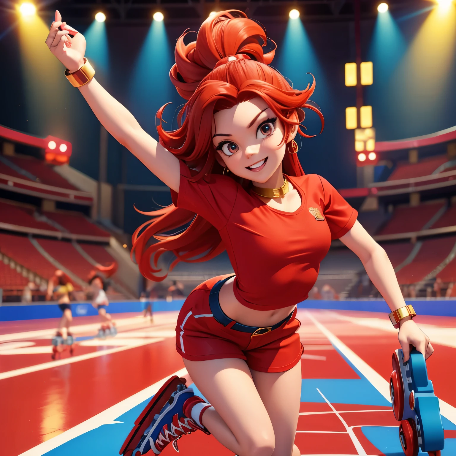 Art digital 3d   with long, curly red hair sits on roller skates in a red top and blue shorts. She has red shoes and is wearing large gold jewelry. She is surrounded by other roller skaters in a large rink.