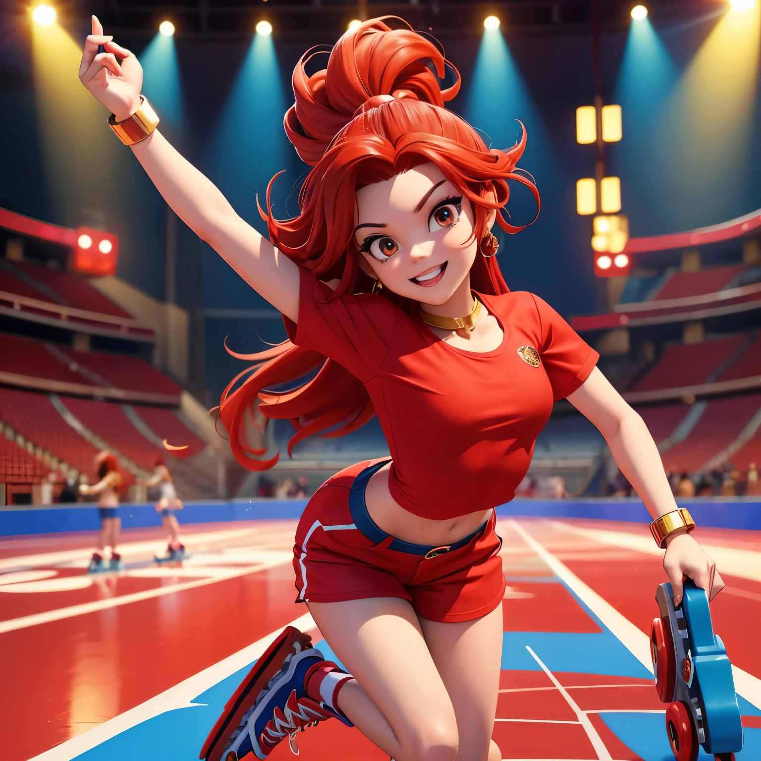 Art digital 3d   with long, curly red hair sits on roller skates in a red top and blue shorts. She has red shoes and is wearing large gold jewelry. She is surrounded by other roller skaters in a large rink.