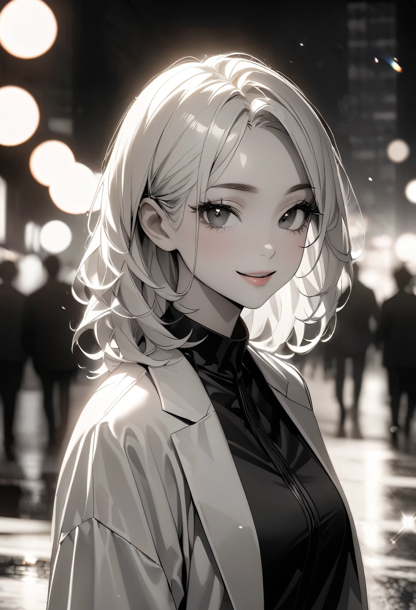 ((masterpiece:1.2, Best aesthetics)), Monochrome Art:1.2, ((Black and White:1.4)), Black and White写真, Black and White映画, Smiling Over the Shoulder, turn around, Woman smiling, Shallow depth of field, Background bokeh, Beautifully shaded eyes and lips, Beautiful face, Glossy skin, City of night, Film Grain.