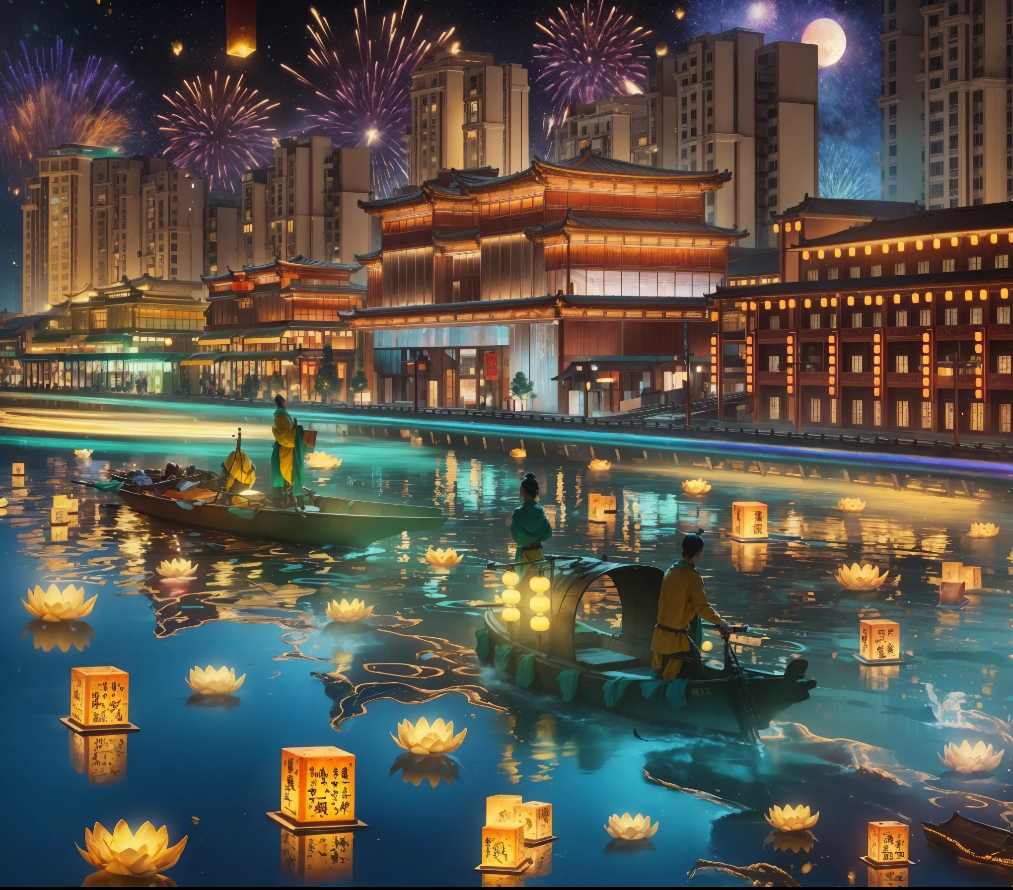 in the winter，new year，City night scene，(architecture:1.3)，(light辉煌)，light，starry sky river，Brilliant colors，wonderland，The fragrance of flowers，pmajor摄影师，High-quality wide-angle lens，Capture moments and details，Angle and focus adjustments，Sturdy tripod，remote control，Photo stability and clarity，Holiday celebration，(Chinese cities:1.2)，Colorful colors，Gorgeous form，A city with buildings and fireworks in the sky, an ancient style river at night with people rowing on it, lotus lanterns floating on the water, bright lights illuminating modern architecture in a yellow-green color scheme, in the style of an illustration, with high resolution, a hyperrealistic rendering of characters, and colorful light effects. ,Fireworks erupt and bloom，Beautiful fireworks in the night sky，Stunning and spectacular，Celebrate the holidays together，Festive mood，Happy Mood，Leaving the city celebration，（Ultra high saturation:1.5，Best image quality，8K，HD，masterpiece:1.2，Super detailed，realistically，Photo realism:1.major，Bright colors，超HD，工作室light，Super Fine，Focus is clear，Physically based rendering，extremely detailed description）