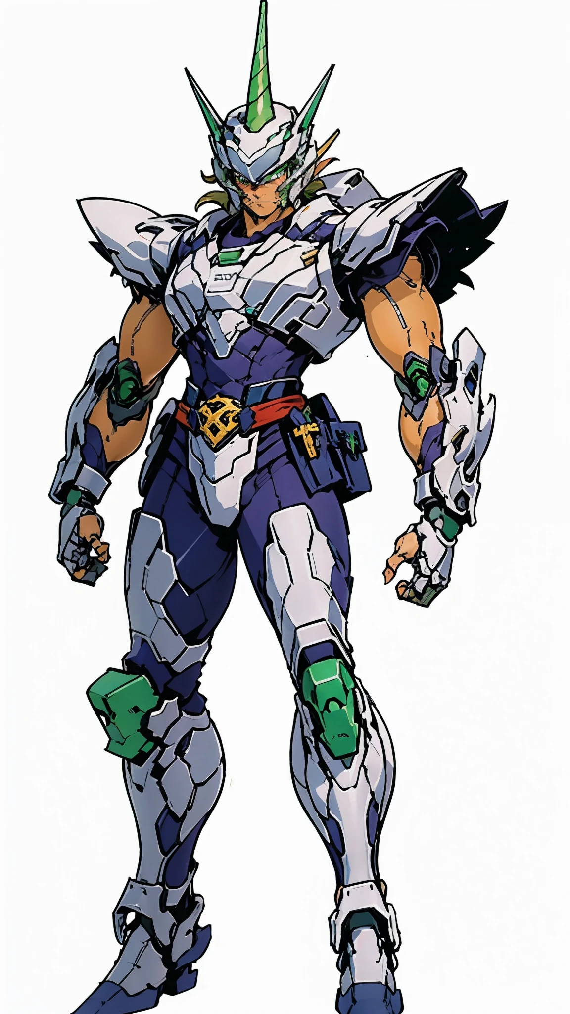 A man wearing a full-face helmet, a fantasy-style biotech armored combat suit, green eyes, (a composite layered chest armor), fully enclosed shoulder guards, matching arm and leg guards, the belt is adorned with Horseshoe-shaped marker, (the color scheme is primarily white with green accents), the design balances heavy with agility, a high-tech bio-mecha armor, (Armor Concept Inspired by Unicorn, stand on the top of a skyscraper in a futuristic sci-fi city), this character embodies a finely crafted fantasy-surreal style armored hero in anime style, exquisite and mature manga art style, (battle damage, element, plasma, energy, the armor glows), ((male:1.5)), metallic, real texture material, dramatic, high definition, best quality, highres, ultra-detailed, ultra-fine painting, extremely delicate, professional, perfect body proportions, golden ratio, anatomically correct, symmetrical face, extremely detailed eyes and face, high quality eyes, creativity, RAW photo, UHD, 32k, Natural light, cinematic lighting, masterpiece-anatomy-perfect, masterpiece:1.5