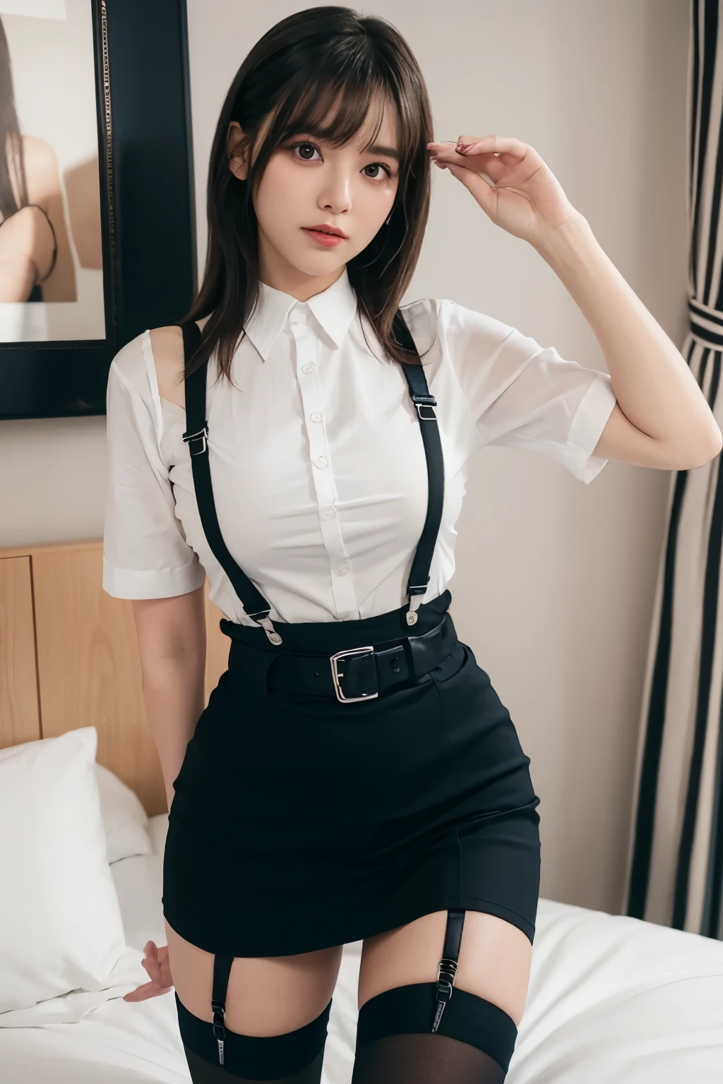 suspenders　　　Large swollen breasts　　 　 　　　　Black mini skirt　garter belt　Knee-high socks　　　　　　　bangs 　　　　　Beauty　　Hands up　　 　　Black boots 　　　　one person 　　　Dress shirt　　　Hands Behind Back　put your hands behind your back　　With your hands behind your back　Armament　holster　　A room at the Belt Hotel　Bed　Wall side 　Armpit sweat