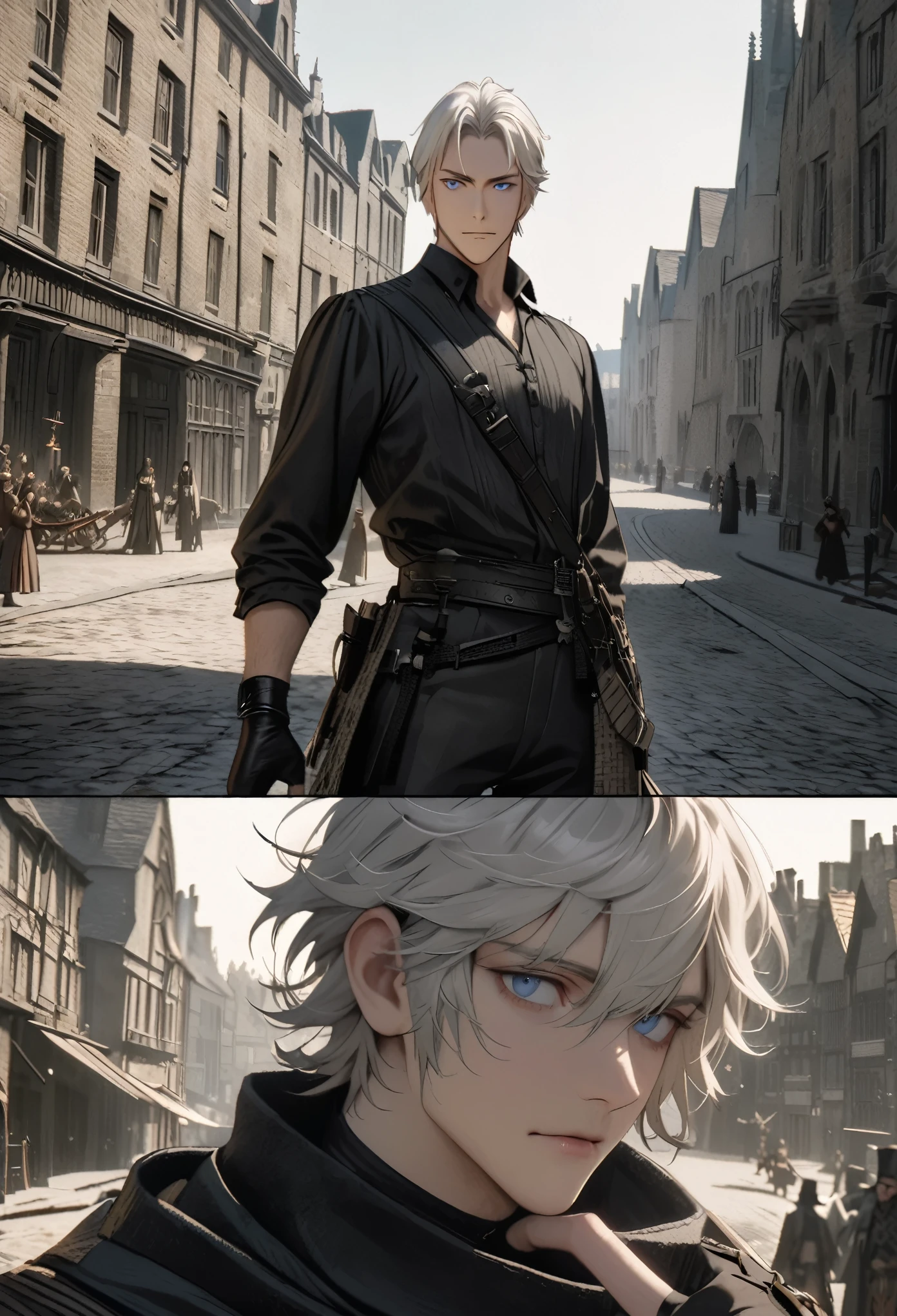 Cinematic shots of historical films, a man, black leather finger less gloves, black shirt, black cargo pants, black engel ring, white hair, short hair, wave hair, long sideburns, blue eyes, handsome, Executor the Ex Foedere , arknights, Victorian London era, Medieval cityscape photography, daytime, close-up