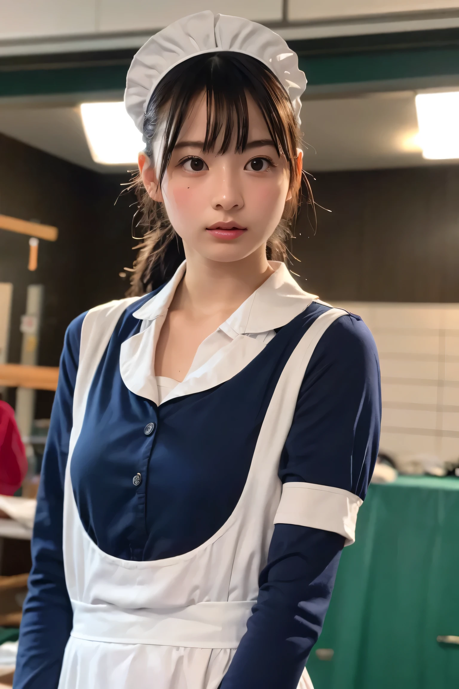 (8k, RAW Photos,highest quality, High resolution:1.1), (Ultra-realistic:1.4),(Realistic, Realistic:1.3),The Beauty of Japan、Rhythmic gymnastics club、Rhythmic Gymnastics Uniform、((Upper Body:1.3)),Maid Cafe、((Maid:1.3))