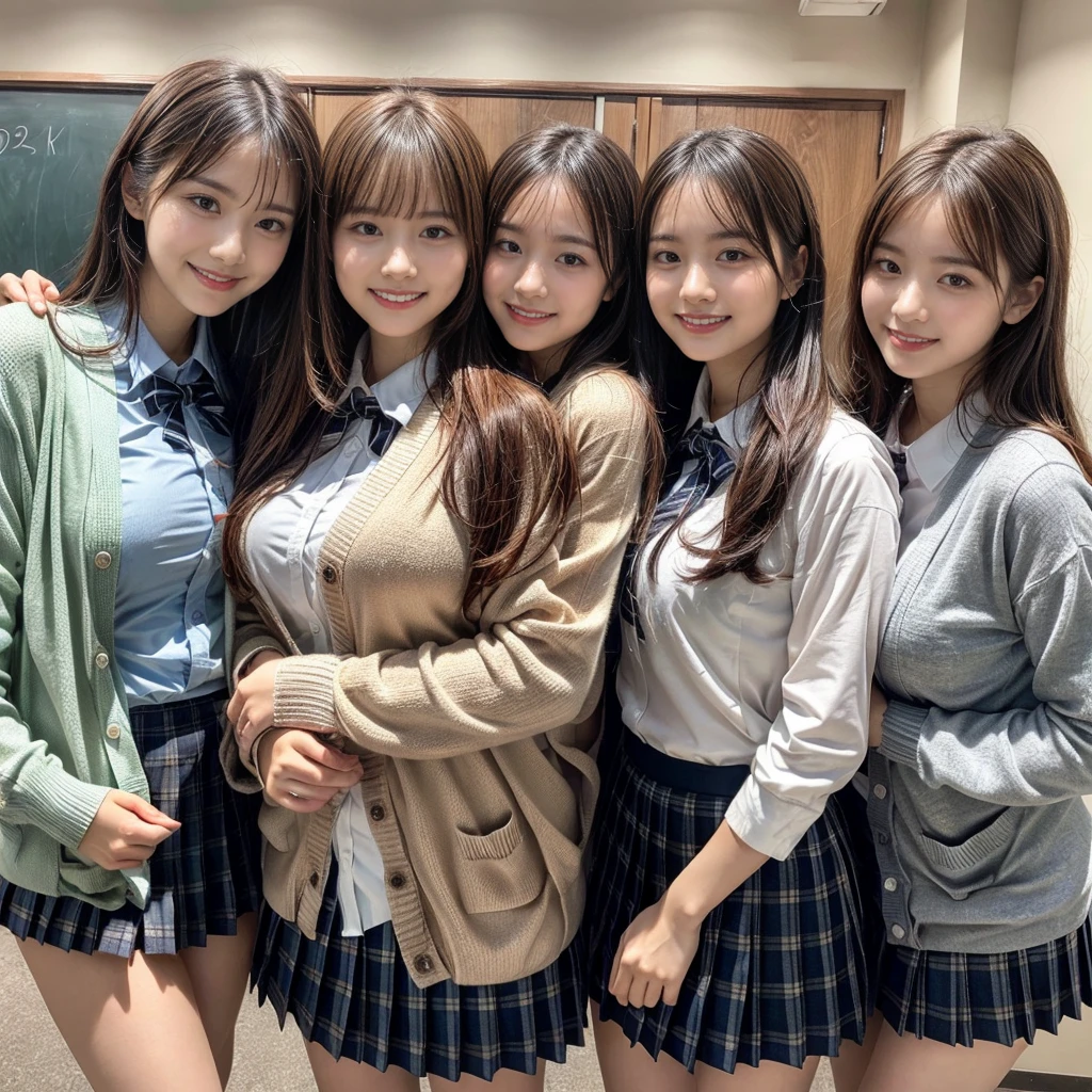 ((top-quality、masutepiece、8K、Top image quality))、Highly saturated、(Group photo of 3 high school girls:1.5)、((School uniform white shirt、Ribbon on the chest、Plaid pleated skirt))、The happiest smile、Biggest smile、Show your teeth and smile、View me、(waved hair)、The background is a school classroom、lipsticks、Perfect makeup、Emphasize body lines、large breast、(accurate anatomy:1.3)、(perfect hair:1.2)、(exact cardigan:1.3)