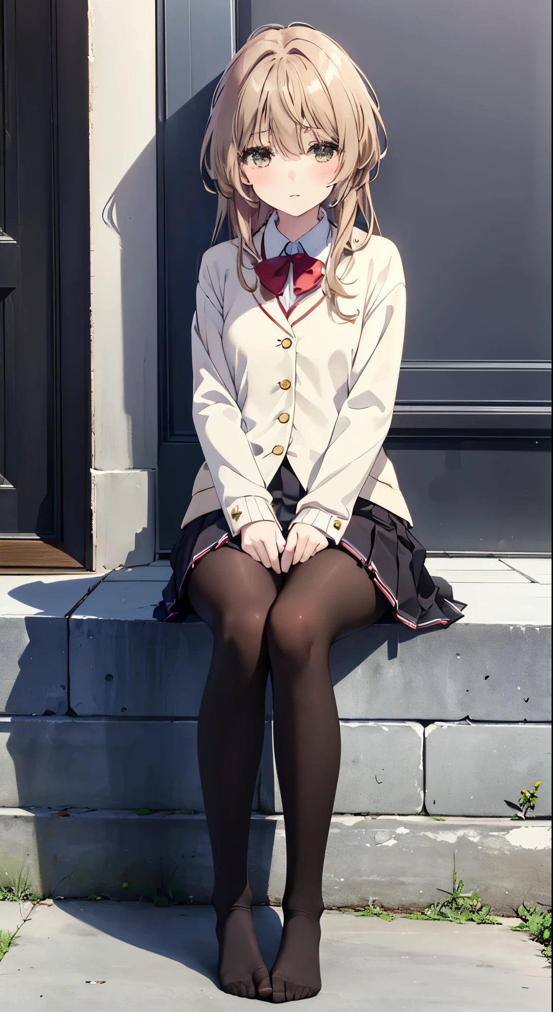 Top quality, masterpiece, High resolution, (Head to toe full body), front, frontやや下からの構図, Symmetric, Tall 18 year old girl, alone, (Head to toe), (Small breasts), Unkempt brown hair, bangs, (black tights), (Black Pantyhose), (Sit with your legs apart), (Crouching pose), (A composition showing white panties), (her legs spread、White panties are visible.), (Sit on the floor with your legs spread), (M-shaped feet), Thin legs, A very beautiful and tall 18 year old girl, (No shoes), blush, Shy big eyes, looking at the camera, Blazer uniform, Checkered pleated skirt