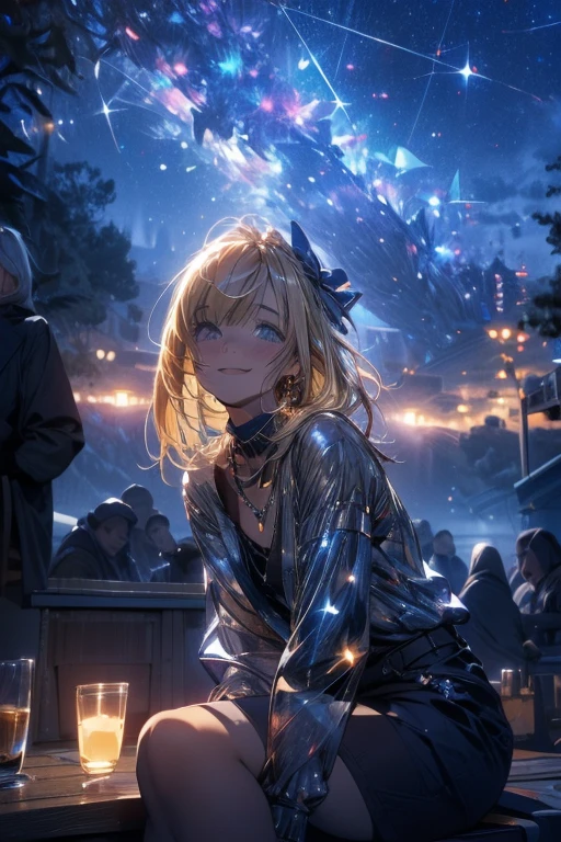 Relaxed character and white cat，absurderes, ultra-detailliert,bright colour,(in 8K:1.3),masuter piece,extremely beautiful detailed face and eyes, 25 years old, Aurora、city light、constellation、Crescent,intergalactic,lamp post, Particles of light, long-sleeve, milkyway, natta, nigh sky, outside of house, planetes, Power lines, shooting stars, sitting on, Sky, Skyscraper, solo、crouching down、Stargazing,Star_\(skyporn\)、starrysky、Starry Sky Print、telescopes、Winters、(Smooth straight blonde hair:1.3), (Shiny hair:1.2), Delicate beautiful face, red blush、Deep Blue Eyes, Happy smiling face,Small necklace,