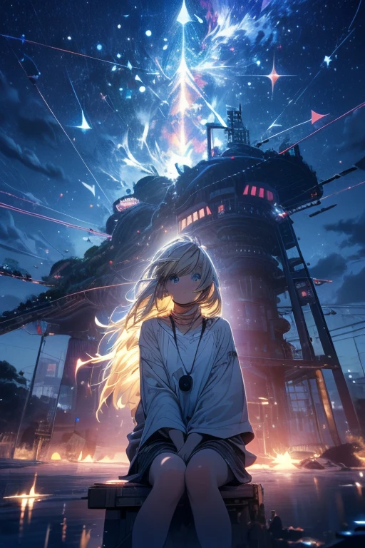 Relaxed character and white cat,absurderes, ultra-detailliert,bright colour,(in 8K:1.3),masuter piece,extremely beautiful detailed face and eyes, 25 years old, Aurora、city light、constellation、Crescent,intergalactic,lamp post, Particles of light, long-sleeve, milkyway, natta, nigh sky, outside of house, planetes, Power lines, shooting stars, sitting on, Sky, Skyscraper, solo、crouching down、Stargazing,Star_\(skyporn\)、starrysky、Starry Sky Print、telescopes、Winters、(Smooth straight blonde hair:1.3), (Shiny hair:1.2), Delicate beautiful face, red blush、Deep Blue Eyes, Happy smiling face,Small necklace,