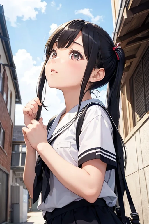 The girl with the twin tails screams、Looking up shot