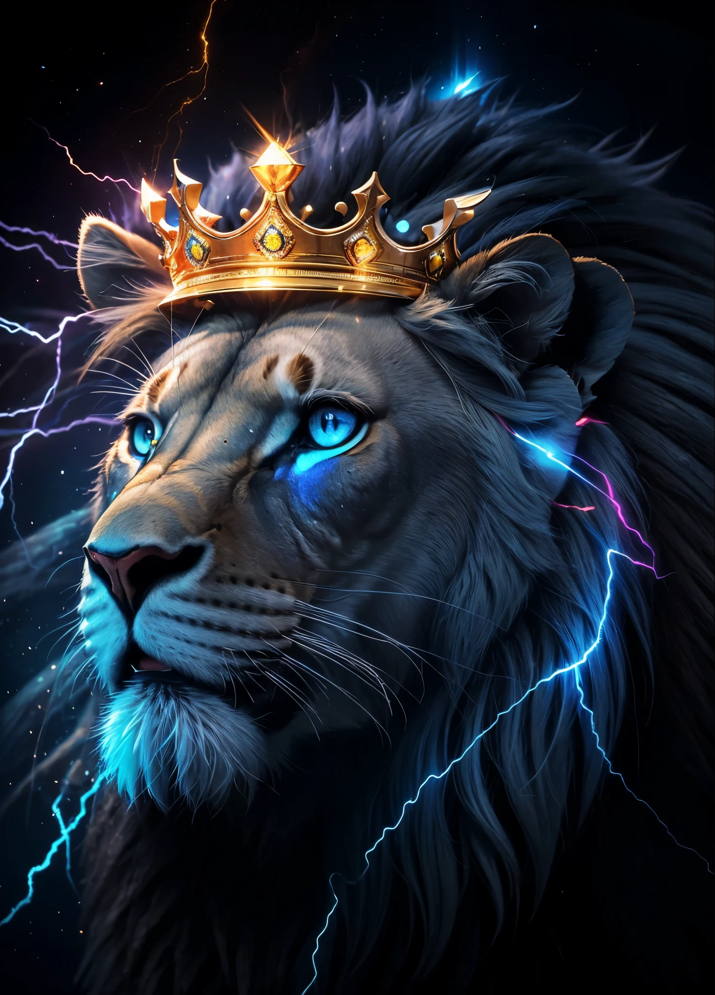 Lion, Divine Lion, naturais, thunder Azul, Realistic Lion, rei, Realista detalhado, Realista detalhado 16k, Eletricidade Detalhada 8K, Texturas realistas de 8K, Cores fotorrealista 8K, fogo azul, Realista detalhado Fire Bolt, Poder Preto e Azul, Poder do thunder, Realistic Divine, Coroa Dourada, Coroa de Ouro, Golden Crown, Natureza, Linda, Rendering, fotorrealista, UltraHigh definition, 4k, texturasdetalhadas, thunder, sombras detalhadas, cores detalhadas, neon blue, Luz azul, Raios, Poder azul, Natureza Linda, Grande Divino, Luz azul, thunder Azuls, Coroa Rei, raio, Electric Power Screw, contraste detalhado, Contraste realista, high resolution, cores detalhadas, fogo, eletricidade, divina criatura, 8K, Realista detalhado, 16k, 8K, High definition, contraste detalhado, Contraste realista, high resolution, cores detalhadas, fogo, eletricidade, divina criatura, 8K, Realista detalhado, elegante,