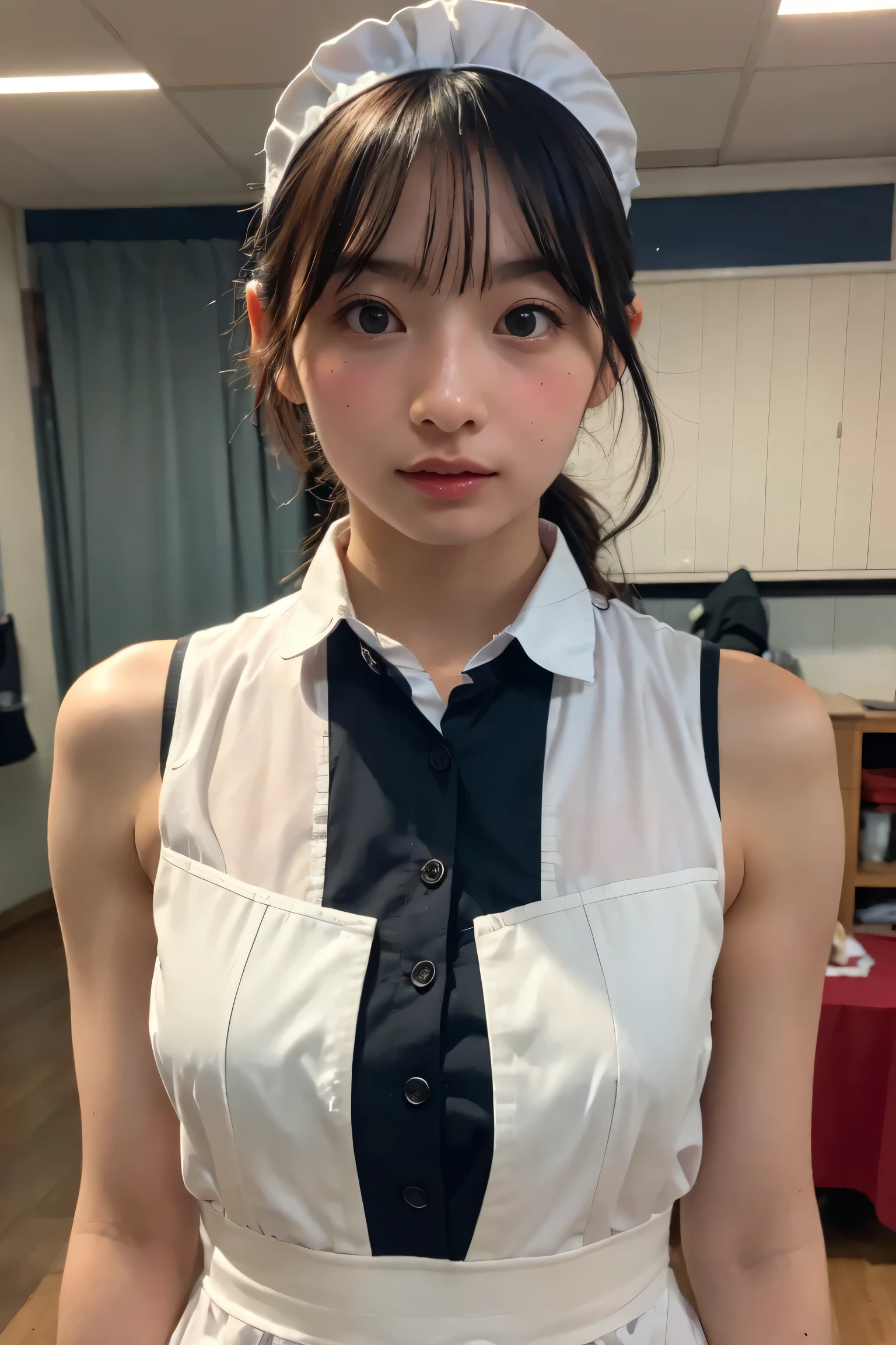 (8k, RAW Photos,highest quality, High resolution:1.1), (Ultra-realistic:1.4),(Realistic, Realistic:1.3),The Beauty of Japan、Rhythmic gymnastics club、Rhythmic Gymnastics Uniform、((Upper Body:1.3)),Maid Cafe、((Maid:1.3))