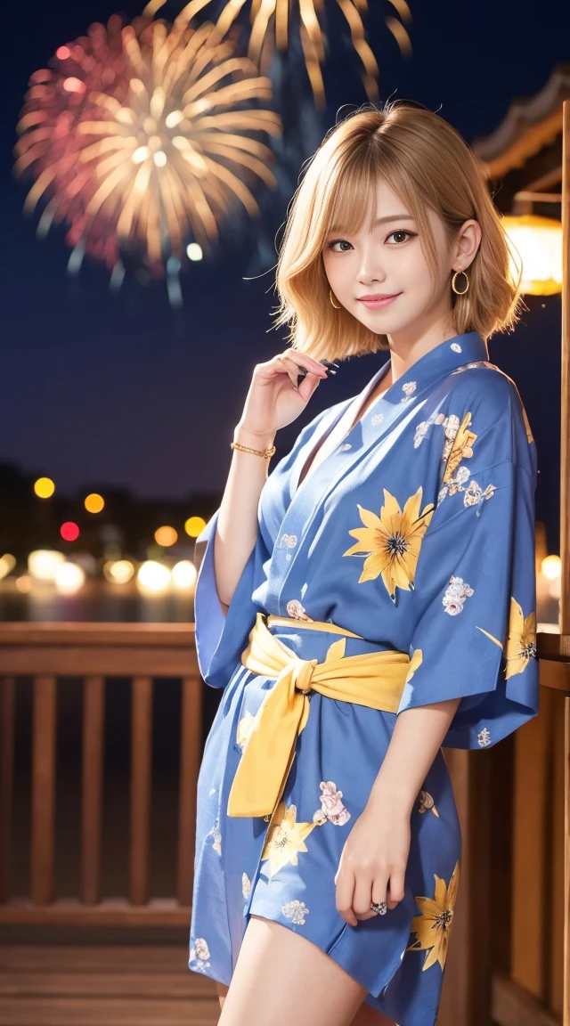 flying debris、highest quality、An illustration、highest quality、Understood、High resolution、8k wallpaper、Perfect dynamic composition、(((Ezvian Everywhere)))、((From below))、Beautiful and cute 20 year old girl、Beautiful face in every detail、Delicate and cute eyes、Fine skin、Red cheeks.、shy、(Semi-short hair:1.3)、(wavy blonde hair)、Small breasts、Bold sexy pose、smile、Small breasts、Between the legs、Small Ass、Thin ass、Generated on the eaves.、Narrow shoulders、wavy blonde hair、blonde、Heart-shaped earrings、smile、、Gold bracelet、Summer festival、in yukata、Wearing a large floral yukata、Tie your hair back、Fireworks Festival Venue、night、Fireworks in the background、