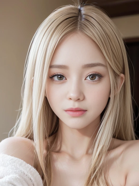 1female, stunning cute and soft woman, 、fluffy pile fabric pajama , light pink and white attire, extremely detailed skin texture, intricate detailed, double eyelids, beautiful thin nose, (sharp focused:1.1), (glossy beige hair, medium straight hair ), clear skin, big eyes, flashing pupils, 、extra hd , masterpiece、(photorealistic:1.4)、close up shot