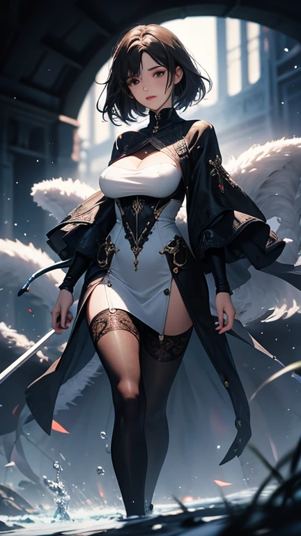 (Highly detailed CG unit 8k wallpaper, masterpiece, High resolution, highest quality, highest qualityのリアルテクスチャスキン), Fashion pose:1.4, A cool New York fashion girl influenced by nostalgic and inorganic fashion., Asymmetrical Short Hair, Detailed costume, Detailed embroidery, Coordination of a high-necked, lace-sleeved mini tight dress and a crew-neck pullover sweater:1.3, ((White Background)), Ultra-realistic, Digital Painting, Concept Art,