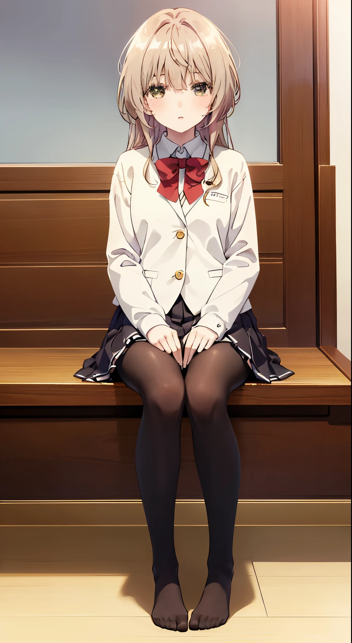 Top quality, masterpiece, High resolution, (Head to toe full body), front, frontやや下からの構図, Symmetric, Tall 18 year old girl, alone, (Head to toe), (Small breasts), Unkempt brown hair, bangs, (black tights), (Black Pantyhose), (Sit with your legs apart), (Crouching pose), (A composition showing white panties), (her legs spread、White panties are visible.), (Sit on the floor with your legs spread), (M-shaped feet), Thin legs, A very beautiful and tall 18 year old girl, (No shoes), blush, Shy big eyes, looking at the camera, Blazer uniform, Checkered pleated skirt