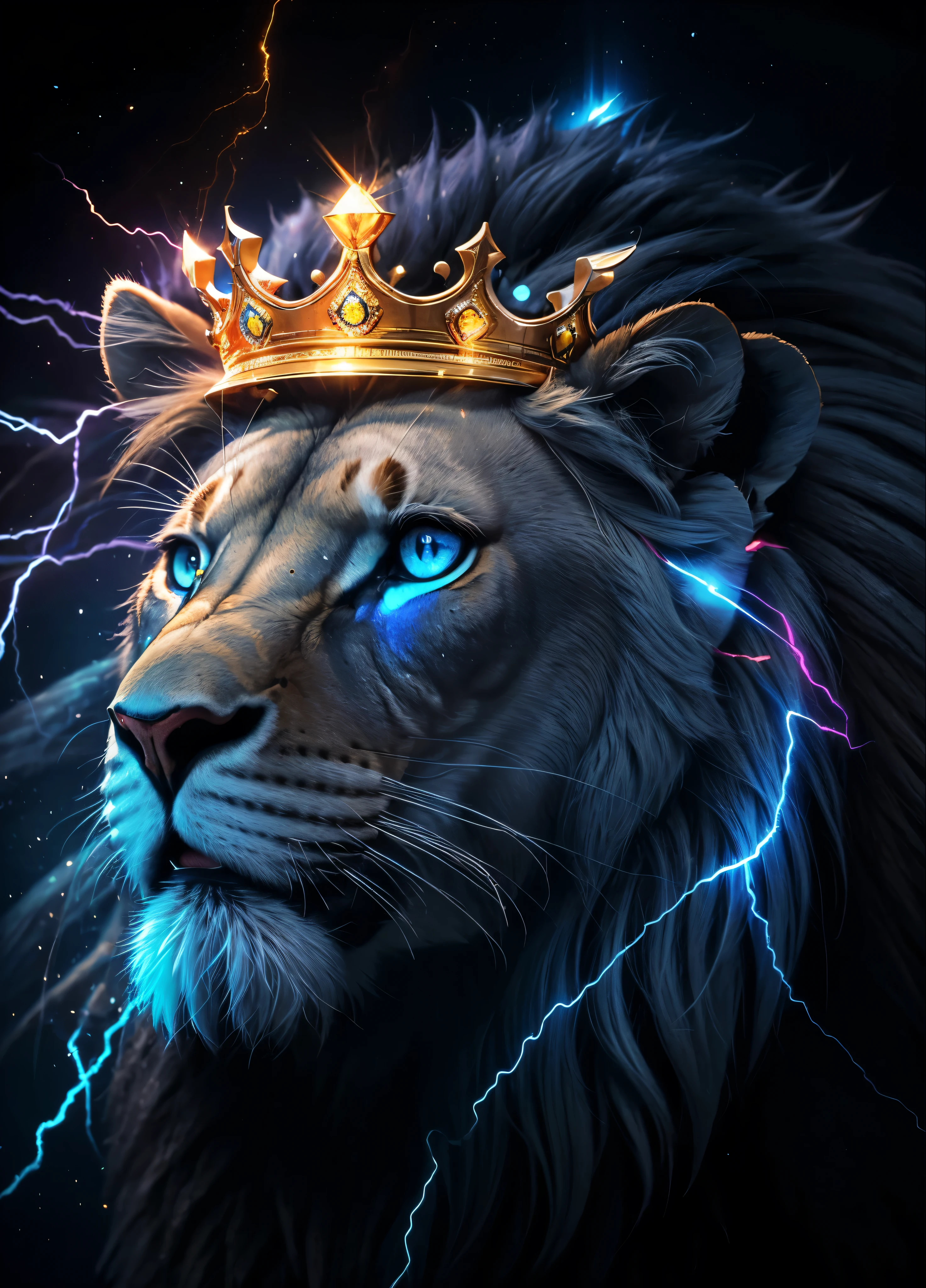 Lion, Divine Lion, naturais, thunder Azul, Realistic Lion, rei, Realista detalhado, Realista detalhado 16k, Eletricidade Detalhada 8K, Texturas realistas de 8K, Cores fotorrealista 8K, fogo azul, Realista detalhado Fire Bolt, Poder Preto e Azul, Poder do thunder, Realistic Divine, Coroa Dourada, Coroa de Ouro, Golden Crown, Natureza, Linda, Rendering, fotorrealista, UltraHigh definition, 4k, texturasdetalhadas, thunder, sombras detalhadas, cores detalhadas, neon blue, Luz azul, Raios, Poder azul, Natureza Linda, Grande Divino, Luz azul, thunder Azuls, Coroa Rei, raio, Electric Power Screw, contraste detalhado, Contraste realista, high resolution, cores detalhadas, fogo, eletricidade, divina criatura, 8K, Realista detalhado, 16k, 8K, High definition, contraste detalhado, Contraste realista, high resolution, cores detalhadas, fogo, eletricidade, divina criatura, 8K, Realista detalhado, elegante,