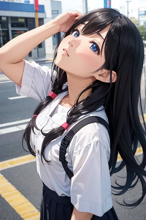 The twin-tailed weather girl shouts、Looking up shot
