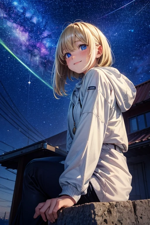 Relaxed character and white cat,absurderes, ultra-detailliert,bright colour,(in 8K:1.3),masuter piece,extremely beautiful detailed face and eyes, 25 years old, Aurora、city light、constellation、Crescent,intergalactic,lamp post, Particles of light, long-sleeve, milkyway, natta, nigh sky, outside of house, planetes, Power lines, shooting stars, sitting on, Sky, Skyscraper, solo、crouching down、Stargazing,Star_\(skyporn\)、starrysky、Starry Sky Print、telescopes、Winters、(Smooth straight blonde hair:1.3), (Shiny hair:1.2), Delicate beautiful face, red blush、Deep Blue Eyes, Happy smiling face,Small necklace,
