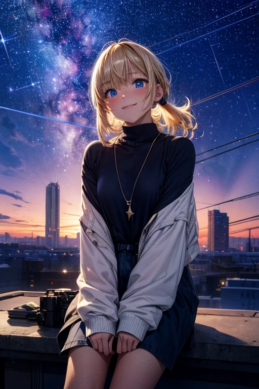 Relaxed character and white cat,absurderes, ultra-detailliert,bright colour,(in 8K:1.3),masuter piece,extremely beautiful detailed face and eyes, 25 years old, Aurora、city light、constellation、Crescent,intergalactic,lamp post, Particles of light, long-sleeve, milkyway, natta, nigh sky, outside of house, planetes, Power lines, shooting stars, sitting on, Sky, Skyscraper, solo、crouching down、Stargazing,Star_\(skyporn\)、starrysky、Starry Sky Print、telescopes、Winters、(Smooth straight blonde hair:1.3), (Shiny hair:1.2), Delicate beautiful face, red blush、Deep Blue Eyes, Happy smiling face,Small necklace,