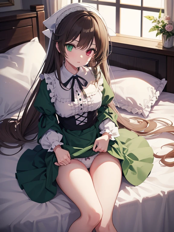 masterpiece, highest quality, Very detailed, 16k, Ultra-high resolution, Cowboy Shot, One , Detailed face, Perfect Fingers, suiseiseki, bonnet, head scarf, heterochromia, green dress, neck ribbon, twin drills, white socks, shoes, White panties, Western-style building, classical European style bedroom, Lie on your back