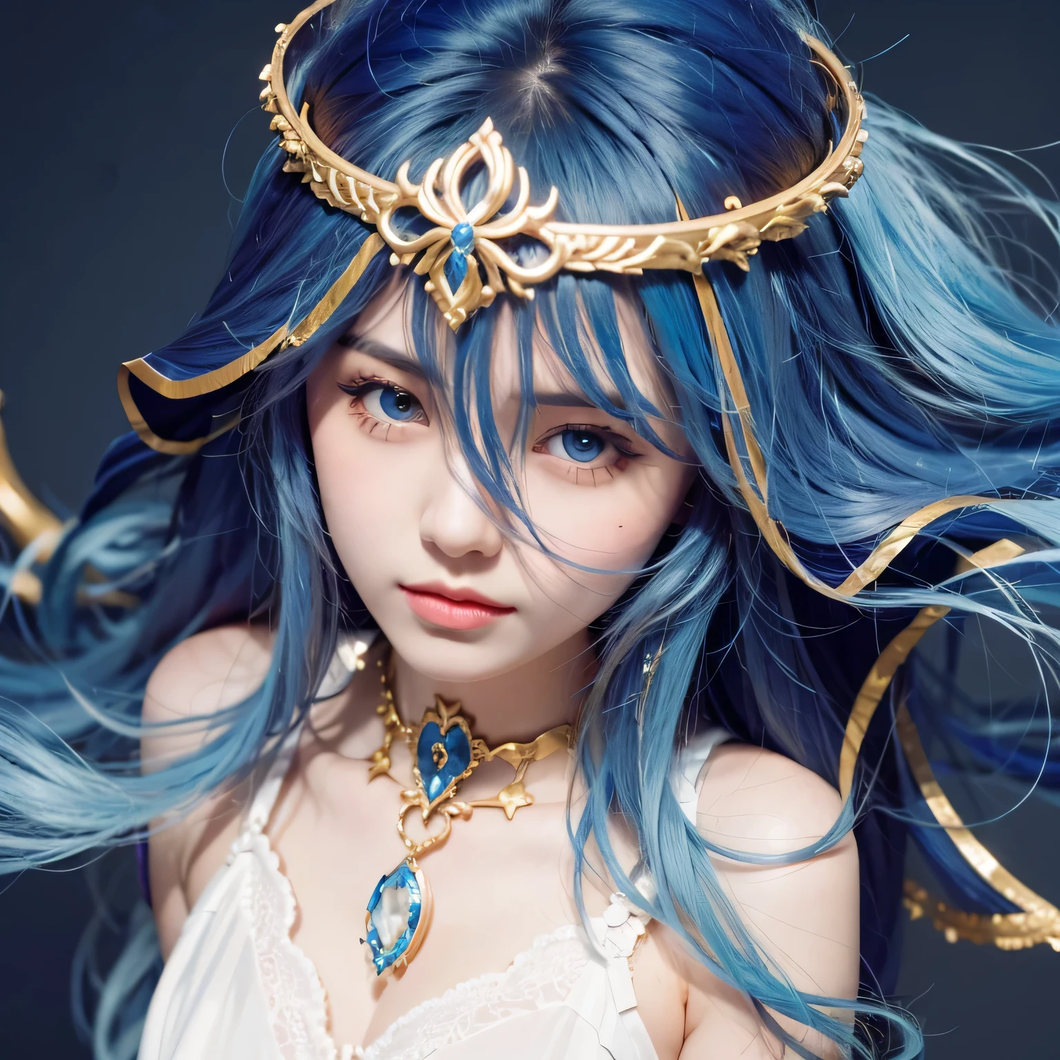 1girl,Layla, long hair,blue old hair,70mm lens, ultra detail, realistic