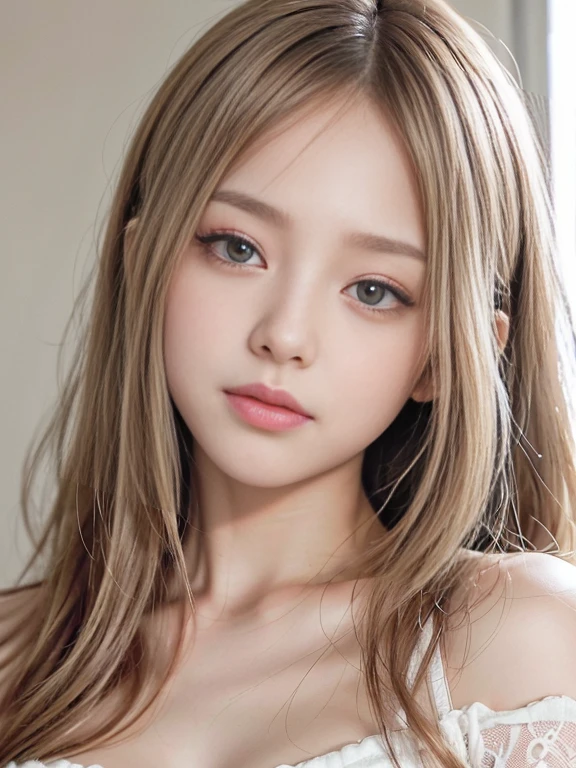 1female, stunning cute and soft woman, 、fluffy pile fabric pajama , light pink and white attire, extremely detailed skin texture, intricate detailed, double eyelids, beautiful thin nose, (sharp focused:1.1), (glossy beige hair, medium straight hair ), clear skin, big eyes, flashing pupils, 、extra hd , masterpiece、(photorealistic:1.4)、close up shot