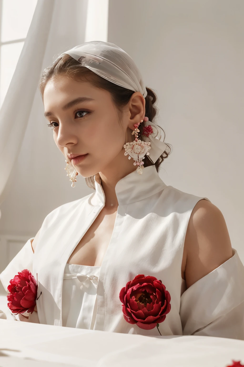 Earrings products on the table,product design,Cultural and Creative,White and red,Earrings with peony pattern,精致复杂的detail,Sculpture,modern,Fashion,Luxury drapery,Solid color background,High-Key Lighting,detail,photography,UHD