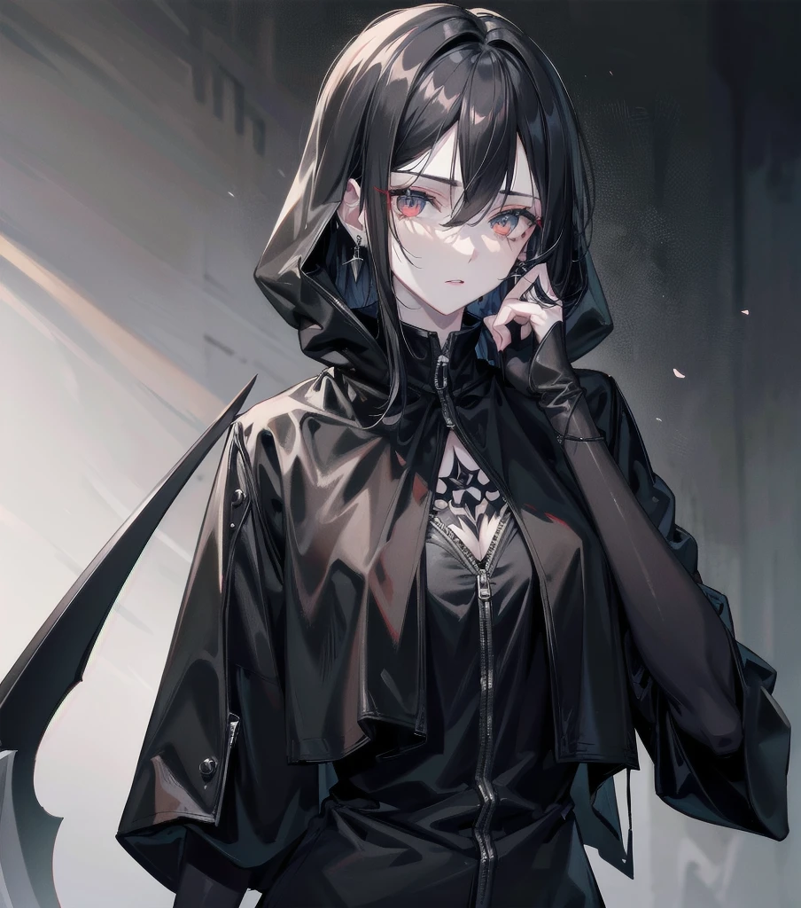 grim reaper, black scythe, absurdres, RAW photo, extremely delicate and beautiful, masterpiece, Best Quality, ultra high resolution, 32k, hyperrealistic, ultra-detailed, detailed description, pale skin, 20 years old, tearful mole, earring, short medium hair, wavy hair, whole body shot,