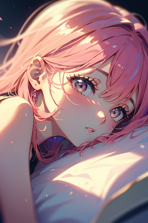 1girl,solo,cute, pink hair,point of view when my girlfriend was sleeping next to me,angle from the side
